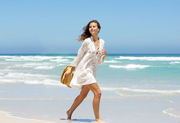 Woman Wearing Dress while Posing at Beach Against Sky and Splashing Water  Waves. Sea Ocean View Stock Photo - Image of happiness, beach: 242079916